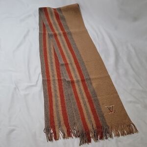 Louis Vuitton Tan, Rust, & Gray Striped Wool Scarf